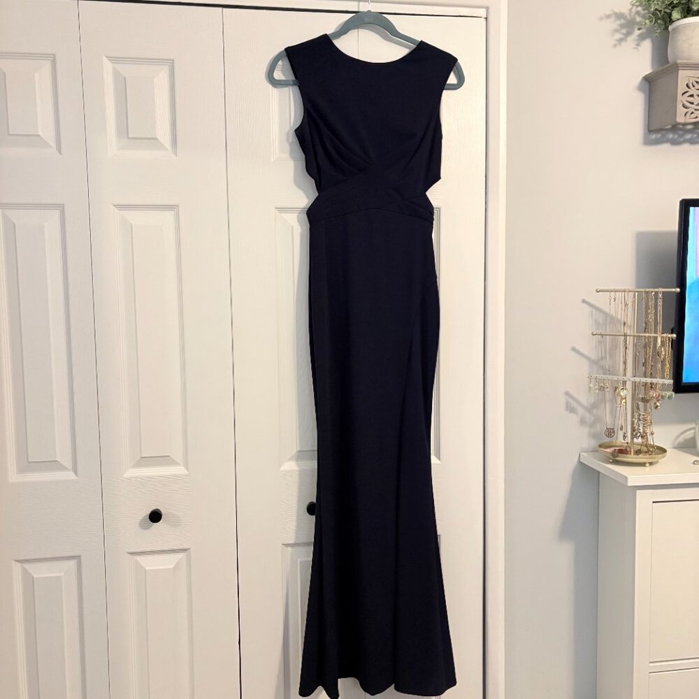 Navy Low Back Side Cut Out Gown with Slit